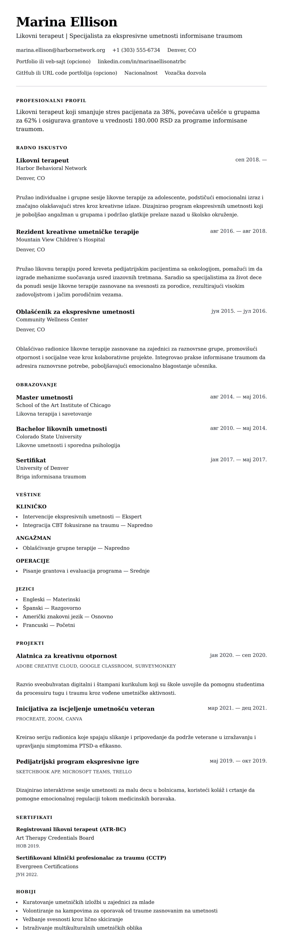 Pregled životopisa za Primer CV-a za likovnog terapeuta