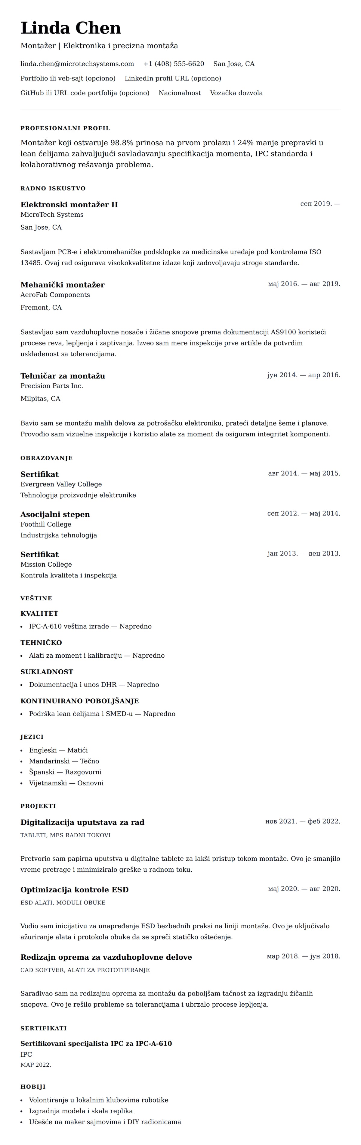 Pregled životopisa za Primer životopisa montažera