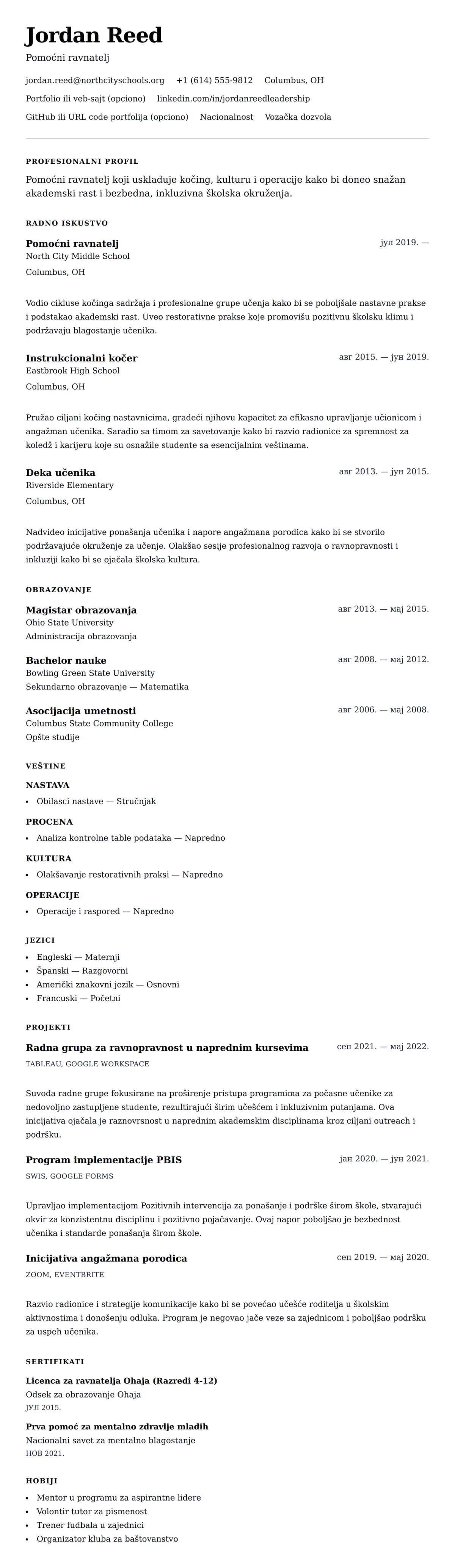 Pregled životopisa za Primer životopisa za pomoćnog ravnatelja