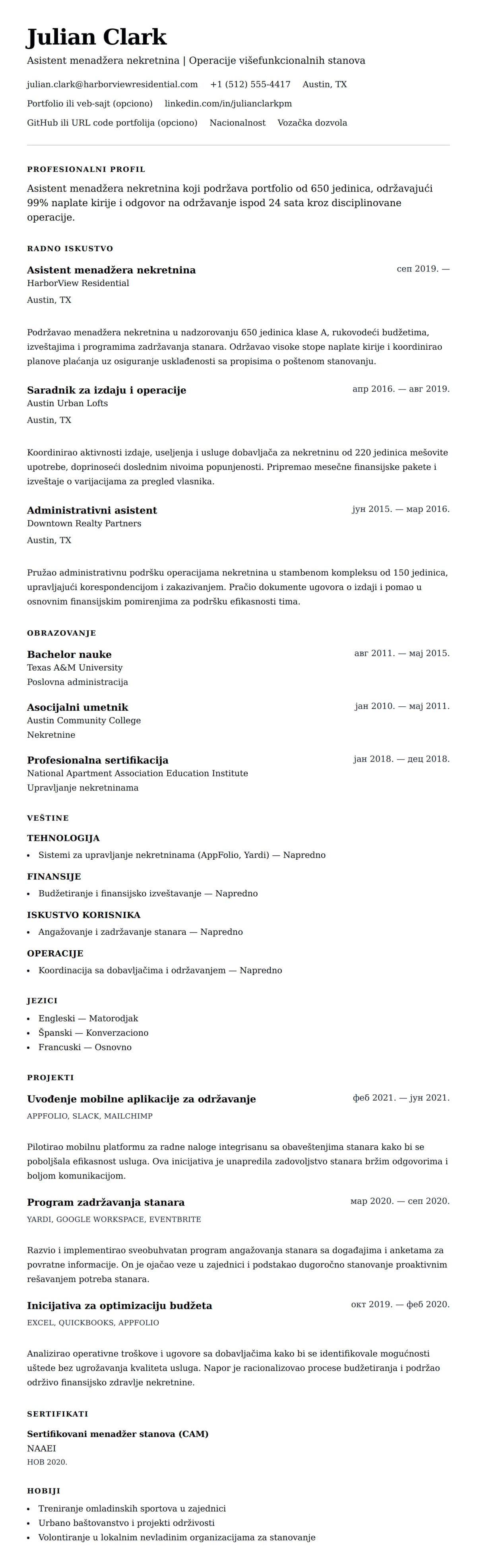 Pregled životopisa za Primer CV-a za asistent menadžera nekretnina