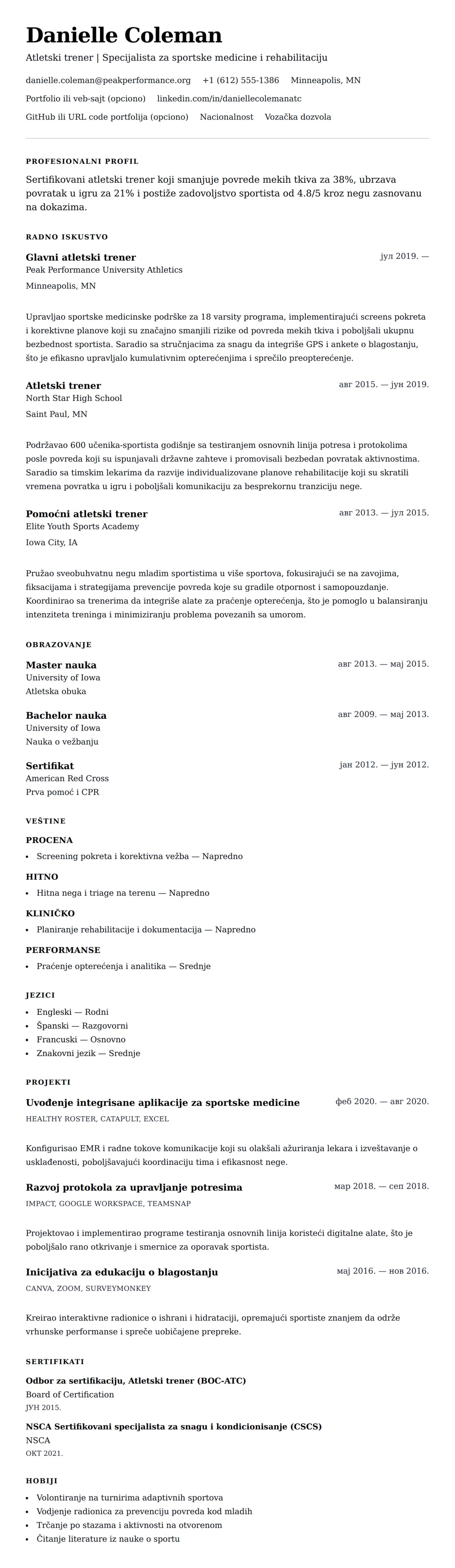 Pregled životopisa za Primer CV-a za atletskog trenera