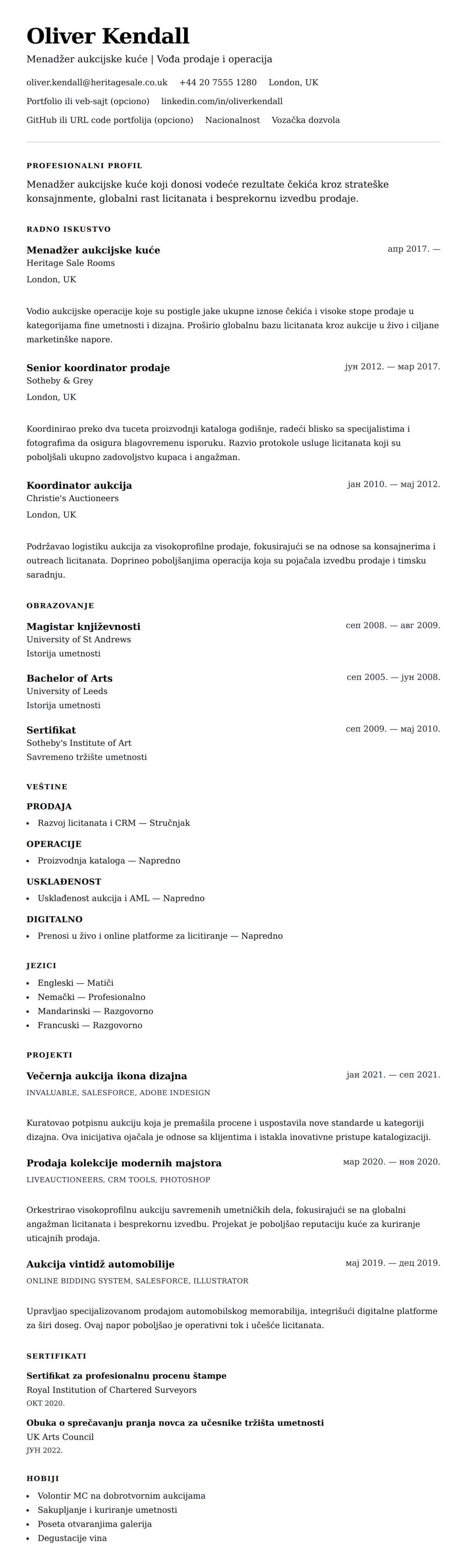 Pregled životopisa za Primer CV-a za menadžera aukcijske kuće