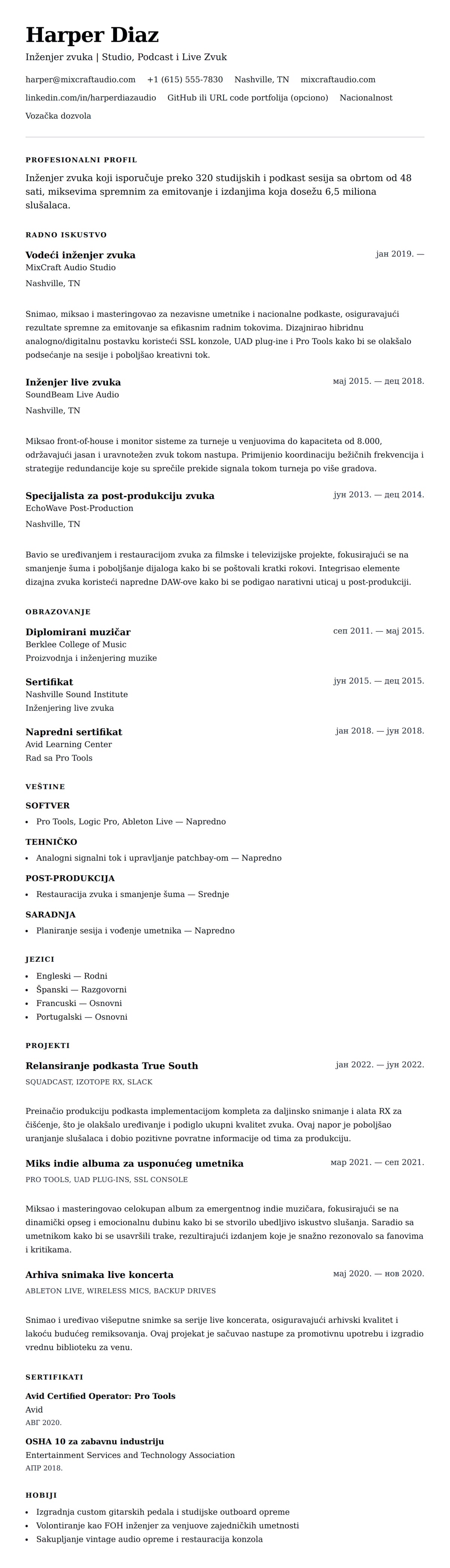 Pregled životopisa za Primer CV-a za inženjera zvuka