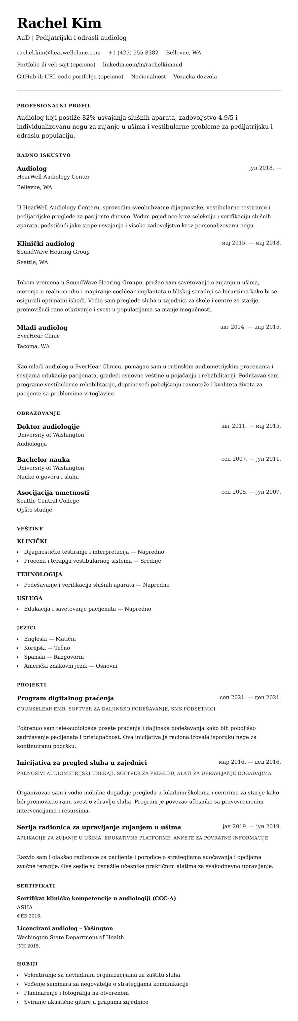 Pregled životopisa za Primer CV-a za audiologa