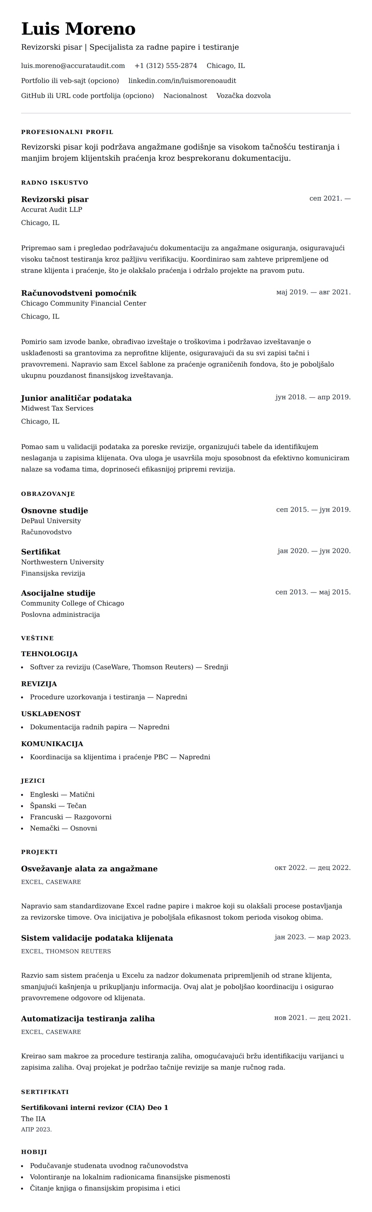 Pregled životopisa za Primer CV-a za revizorskog pisara