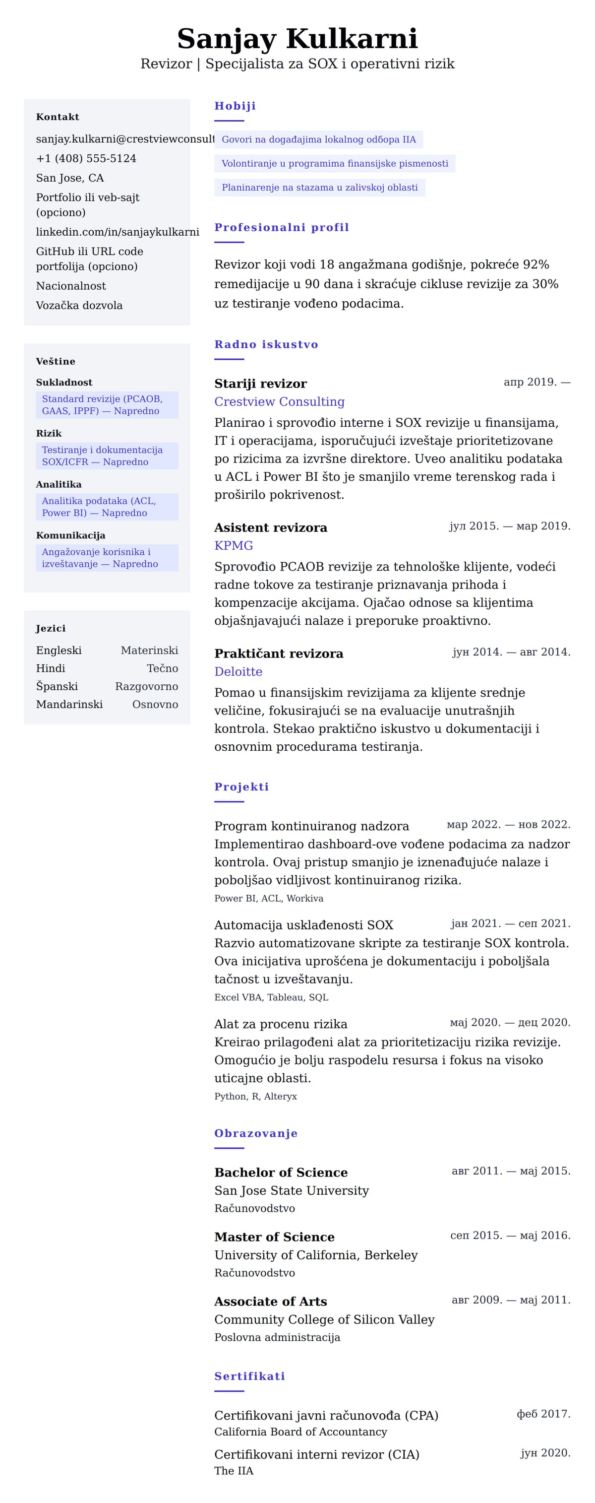 Pregled životopisa za Primer CV-a za revizora