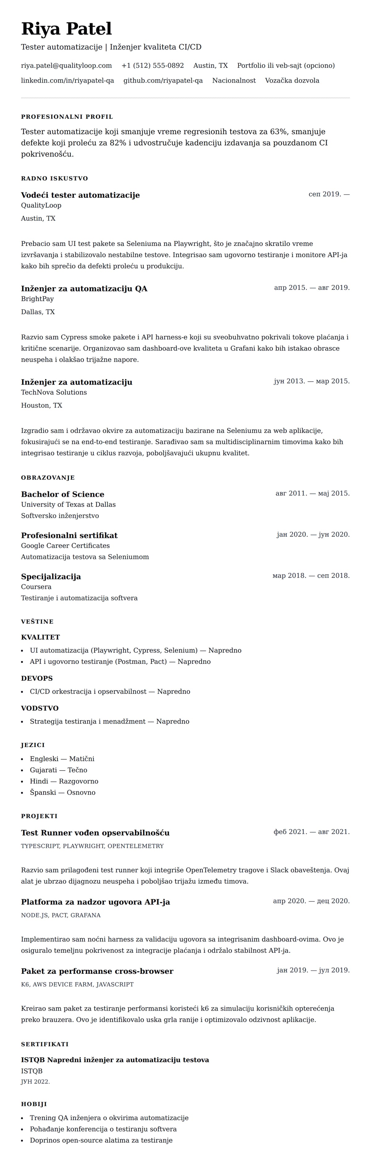 Pregled životopisa za Primer životopisa testera automatizacije