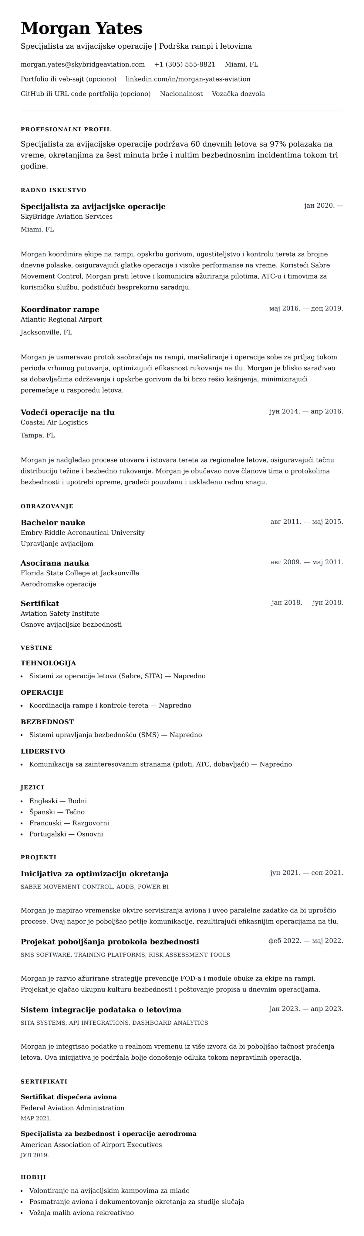 Pregled životopisa za Primer CV-a za specijalistu avijacijskih operacija