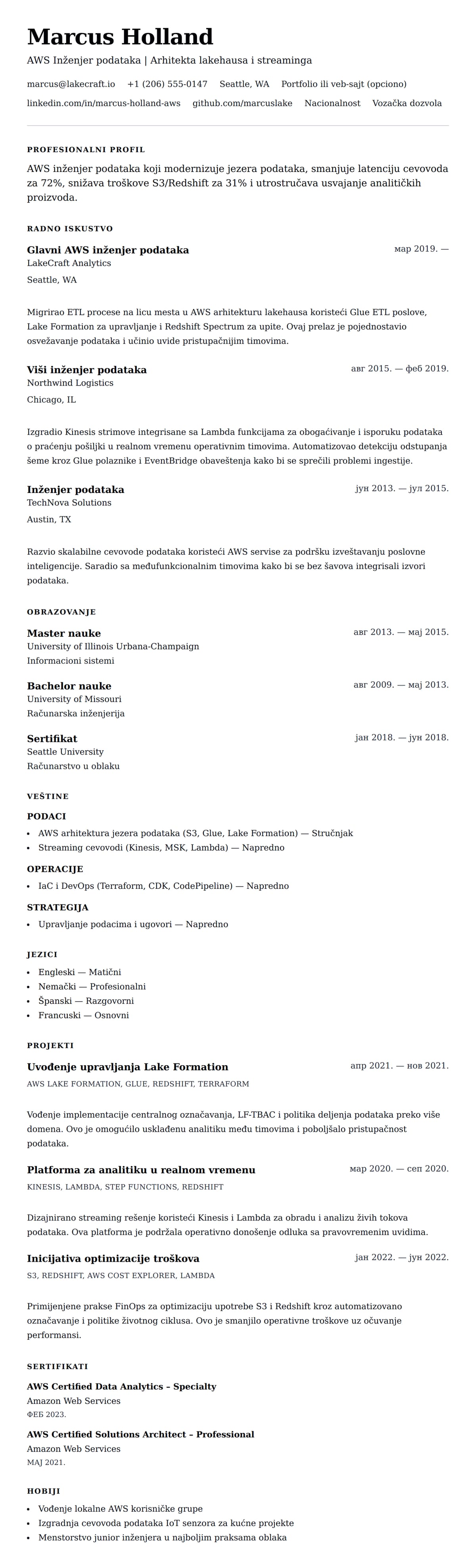 Pregled životopisa za Primer CV-a za AWS inženjera podataka