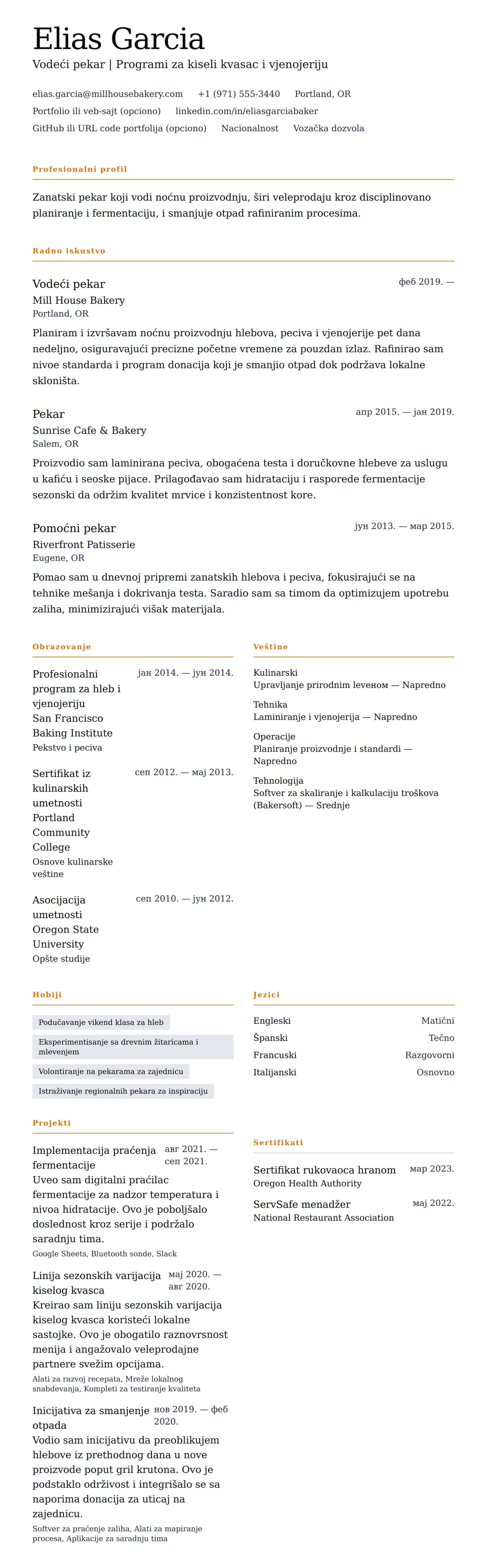 Pregled životopisa za Primer životopisa pekara