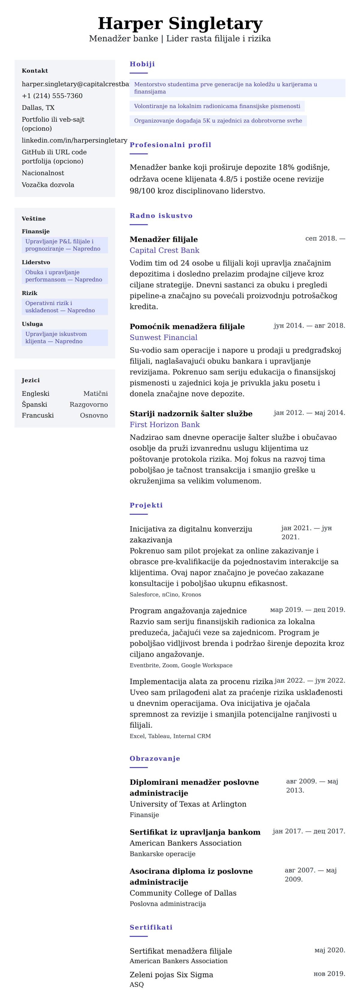 Pregled životopisa za Primer CV-a za menadžera banke
