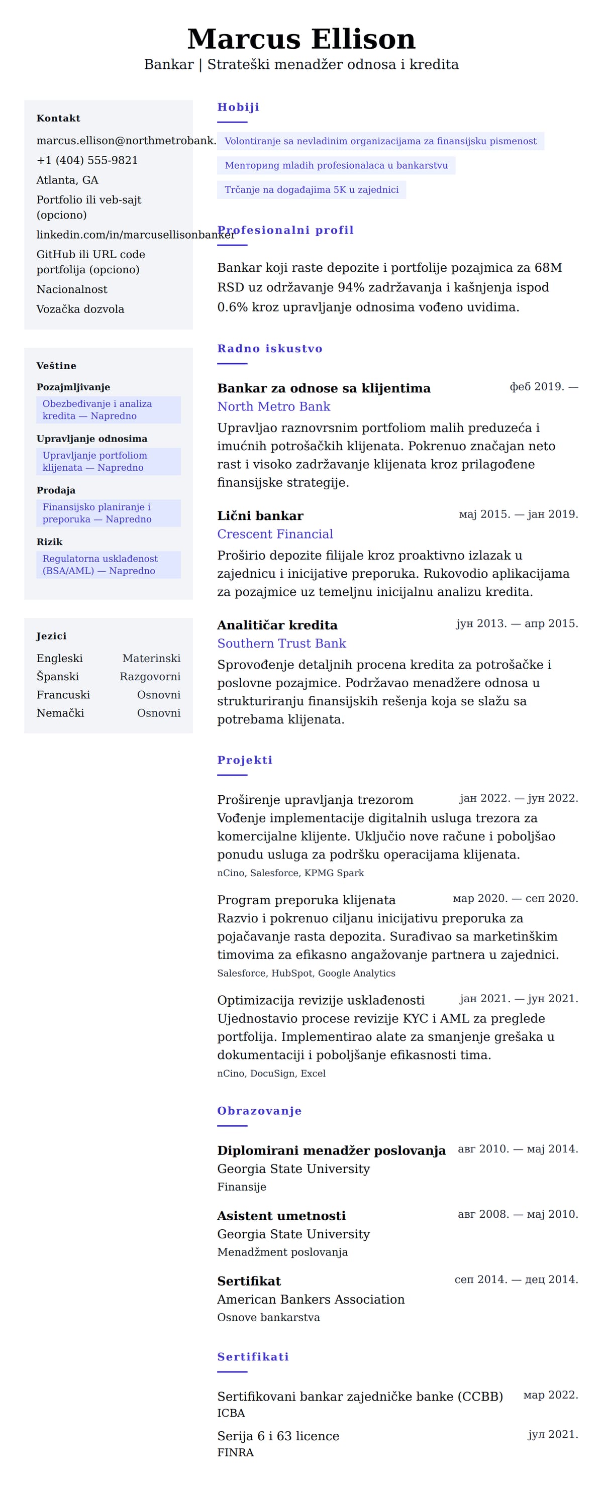 Pregled životopisa za Primer CV-a za bankara