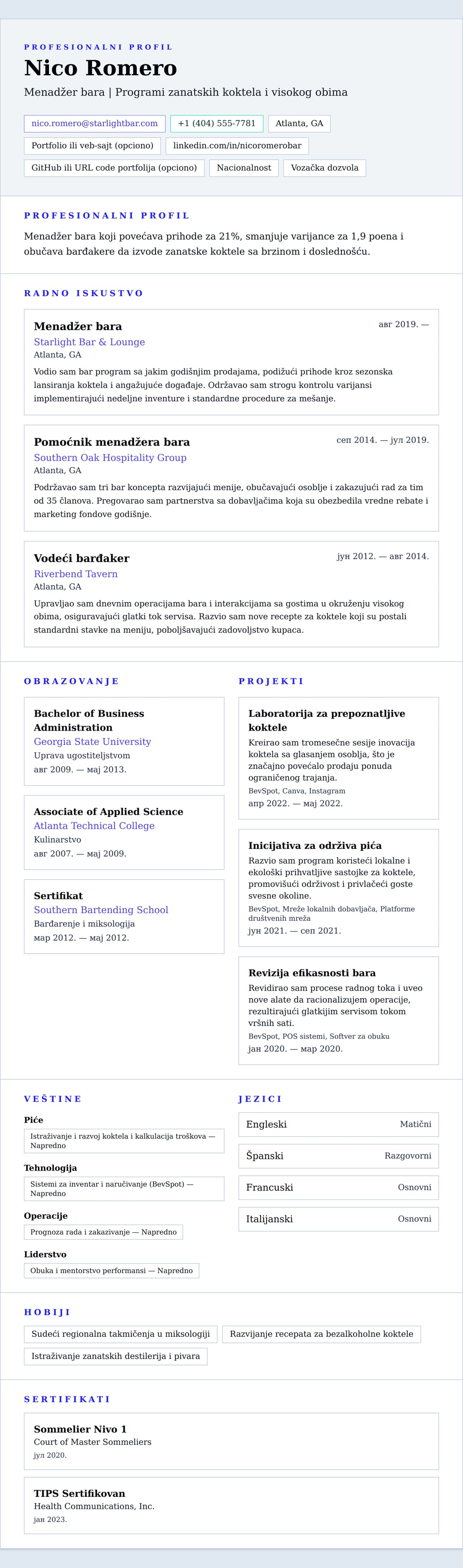 Pregled životopisa za Primer CV-a za menadžera bara