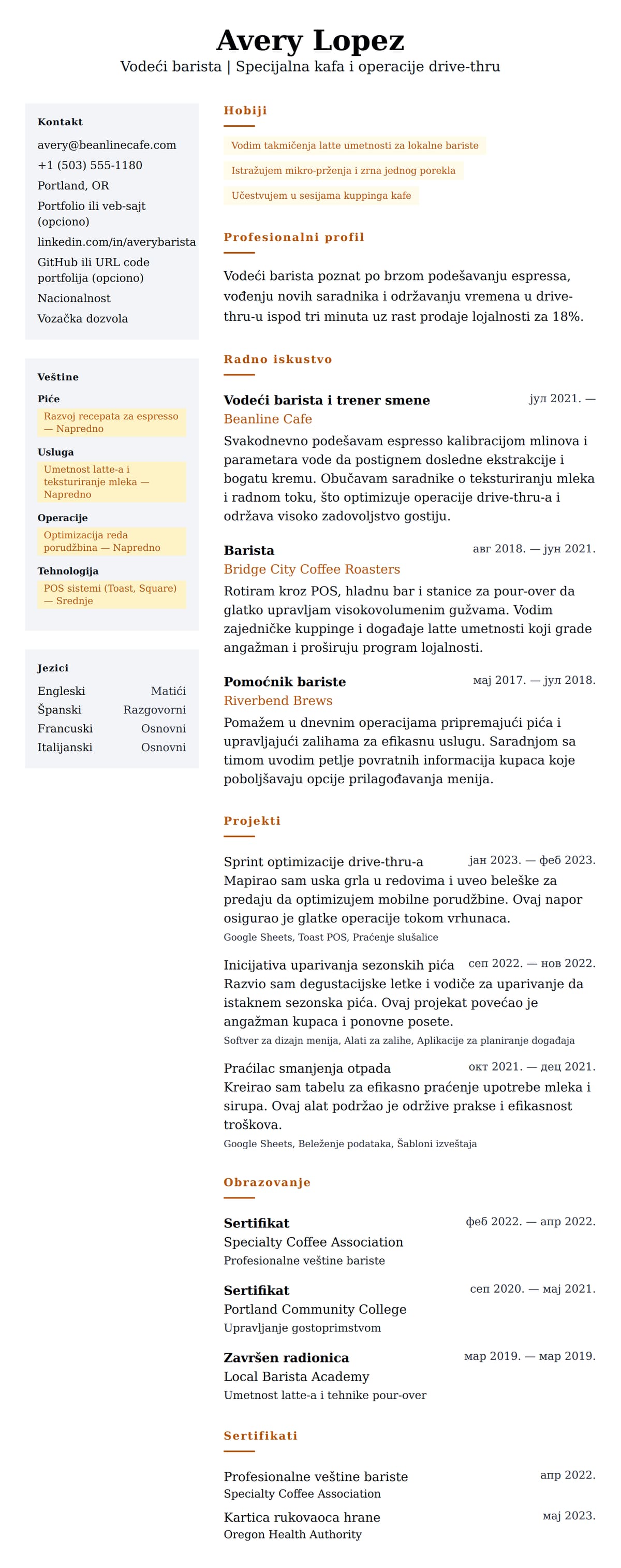 Pregled životopisa za Primer CV-a za baristu