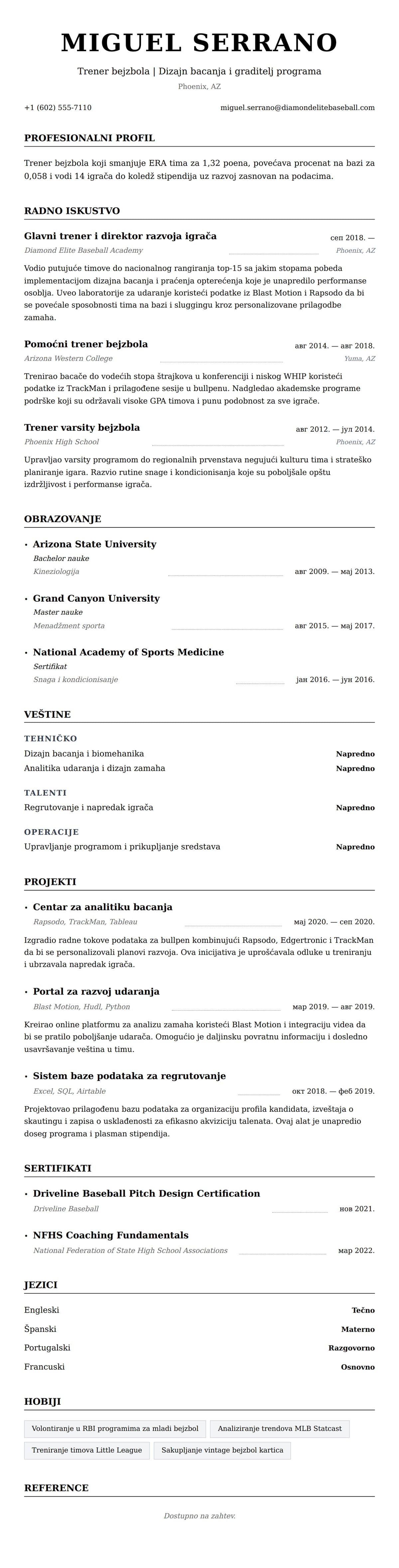 Pregled životopisa za Primer CV-a za trenera bejzbola