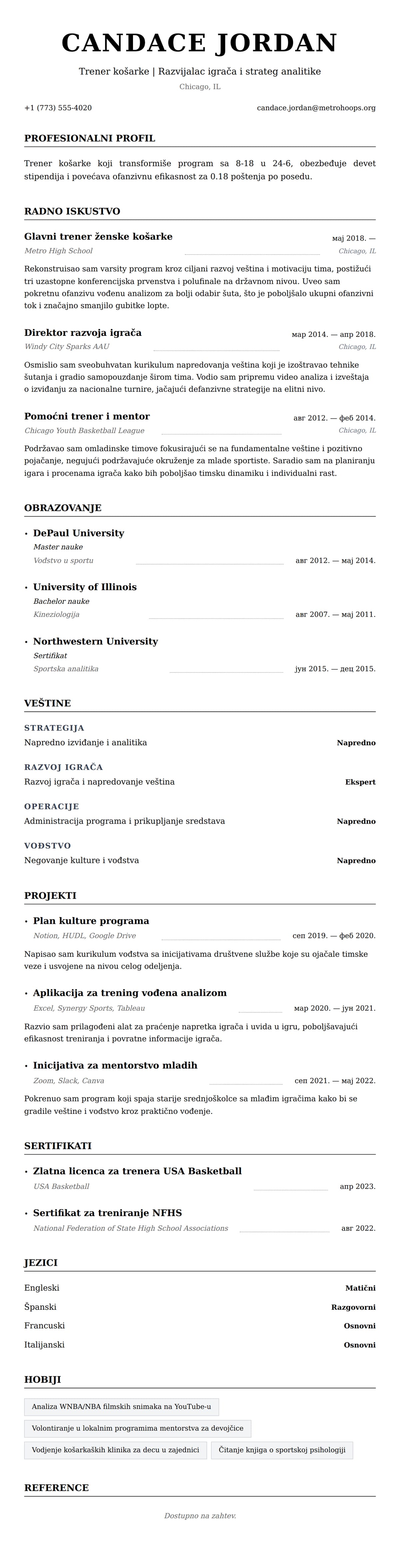 Pregled životopisa za Primer CV-a za trenera košarke