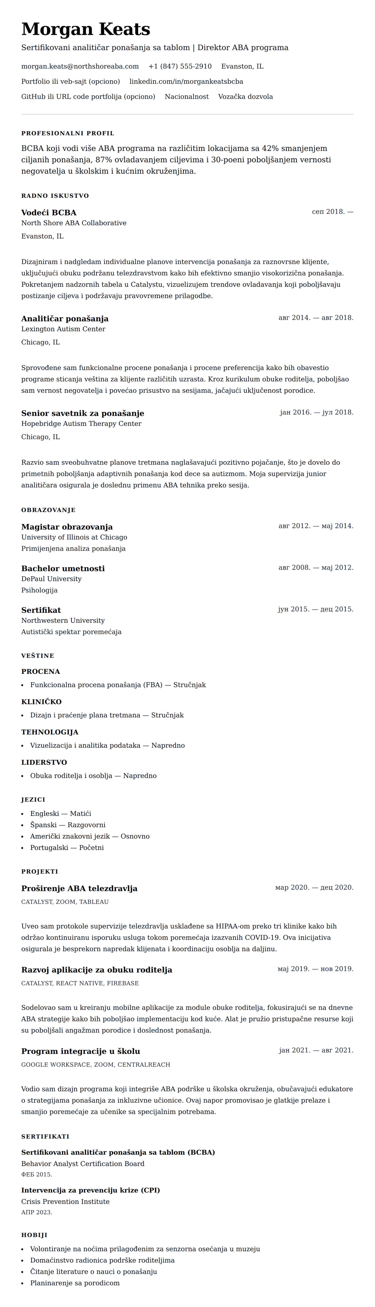 Pregled životopisa za Primer CV-a za sertifikovanog analitičara ponašanja sa tablom (BCBA)
