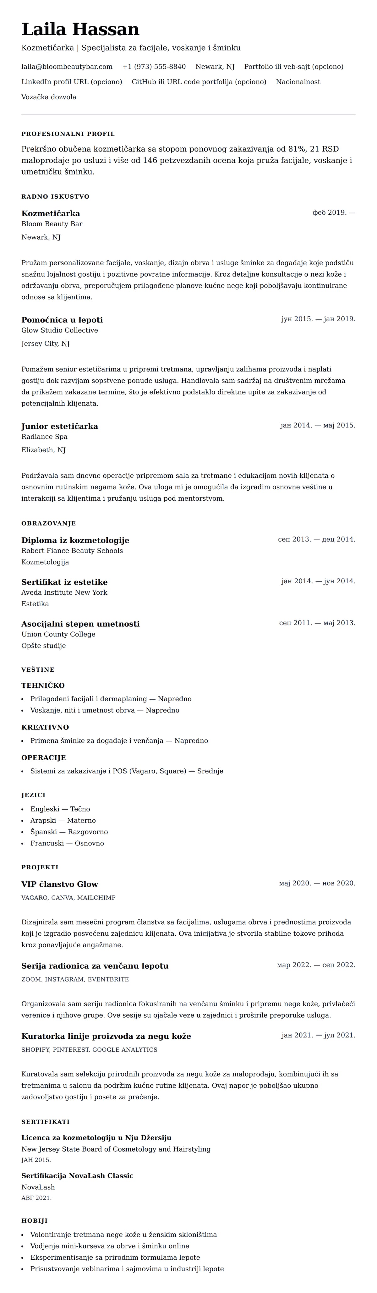 Pregled životopisa za Primer CV-a za kozmetičarku