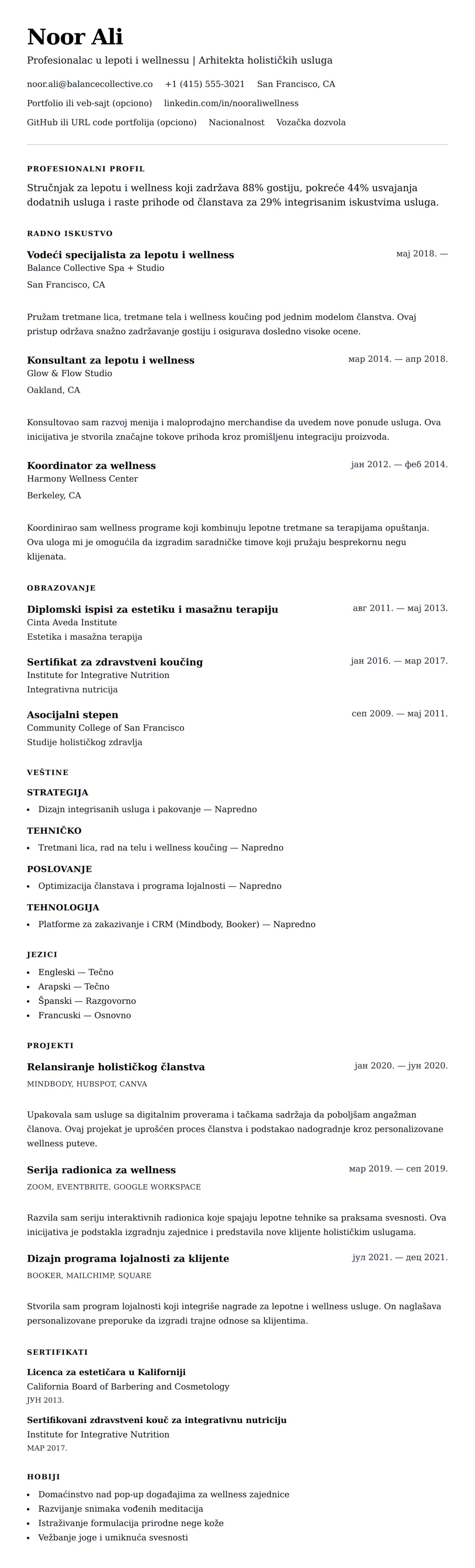 Pregled životopisa za Primer CV-a za profesionalca u oblasti lepote i wellnessa