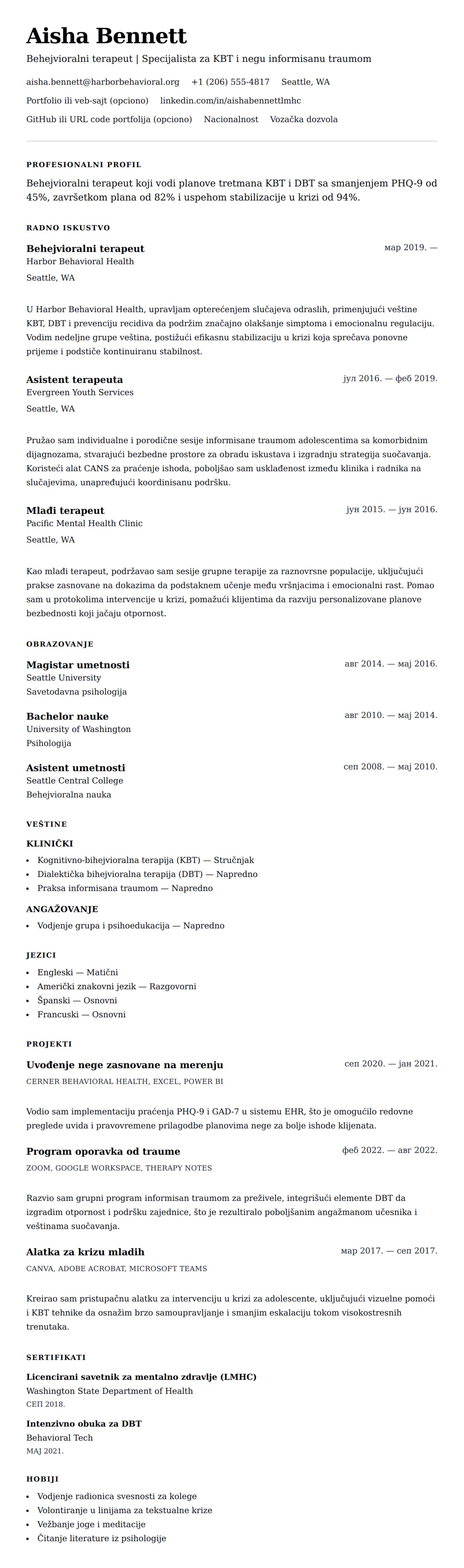 Pregled životopisa za Primer CV-a za behejvioralnog terapeuta