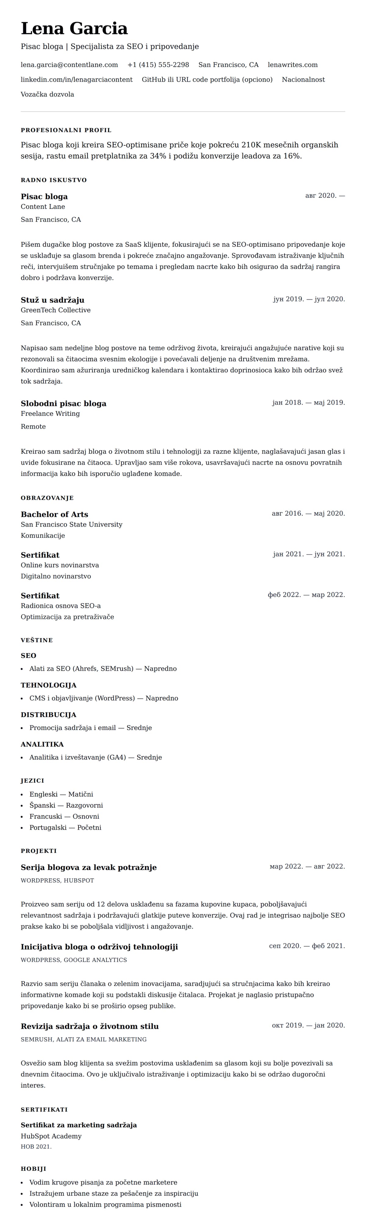 Pregled životopisa za Primer životopisa za pisca bloga