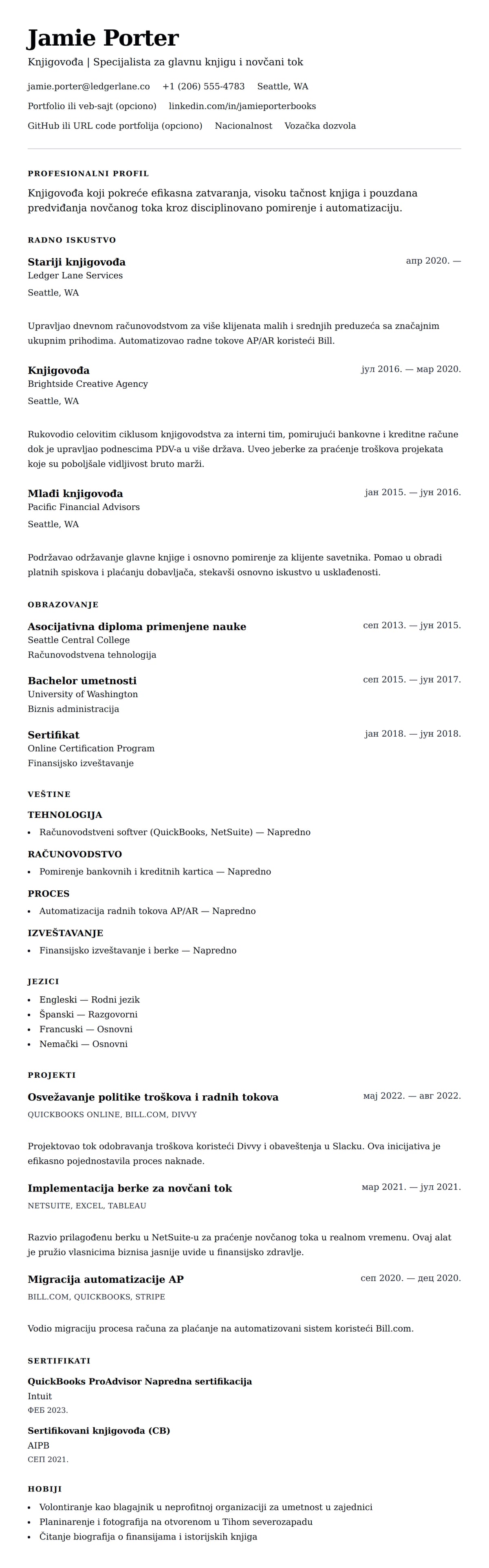 Pregled životopisa za Primer CV-a za knjigovođu