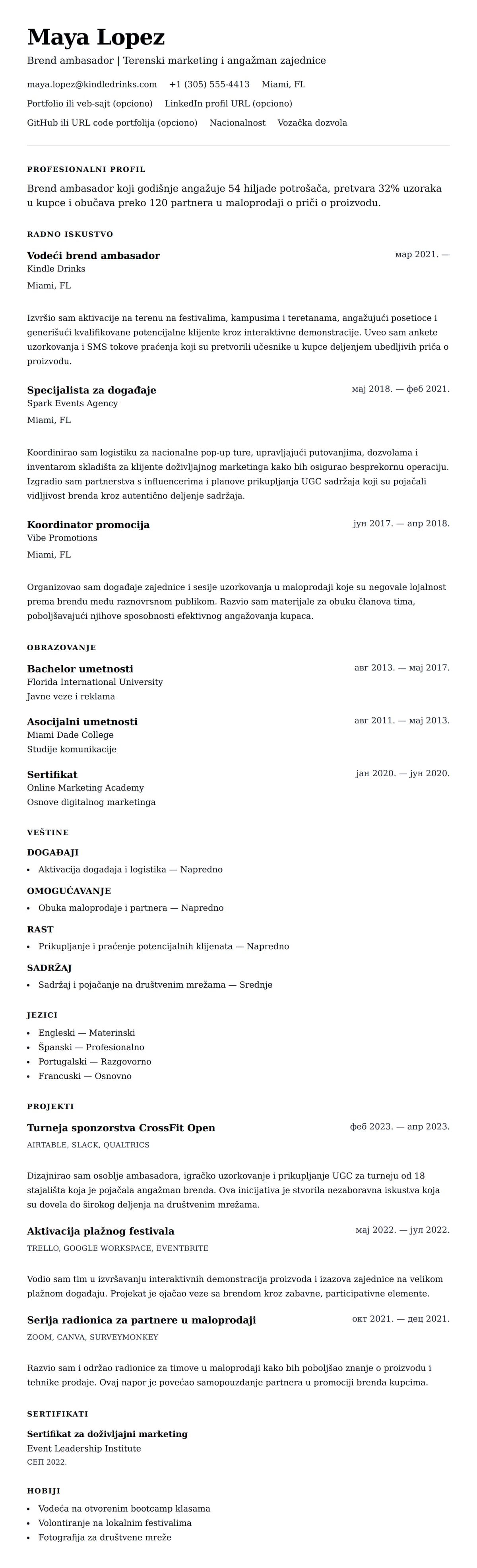 Pregled životopisa za Primer CV-a za brend ambasadora