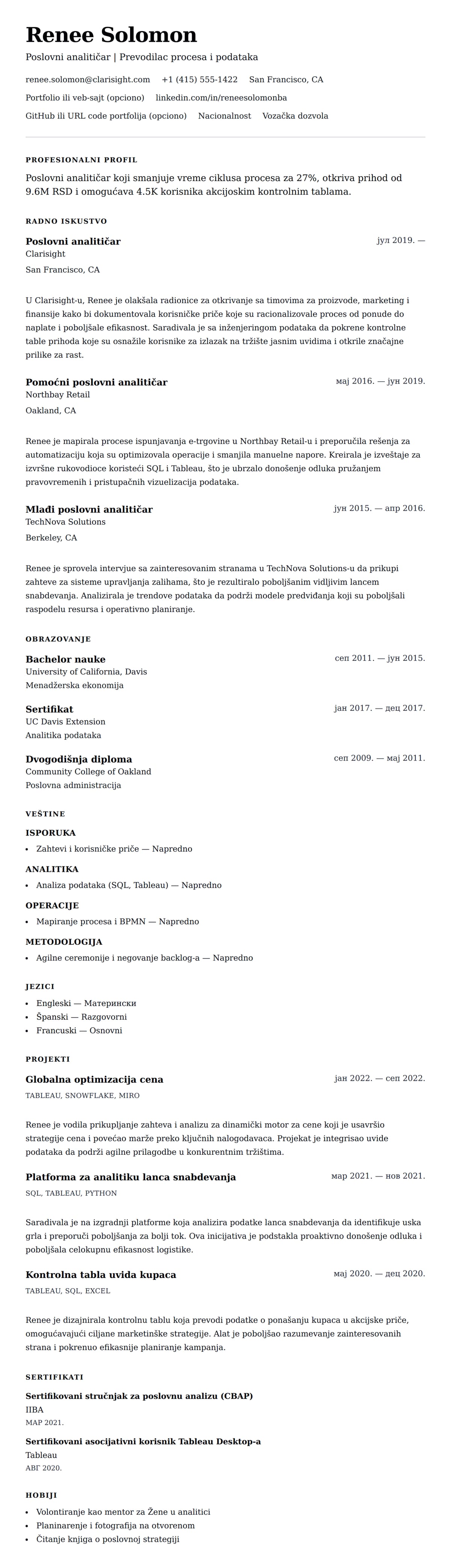 Pregled životopisa za Primer CV-a za poslovnog analitičara