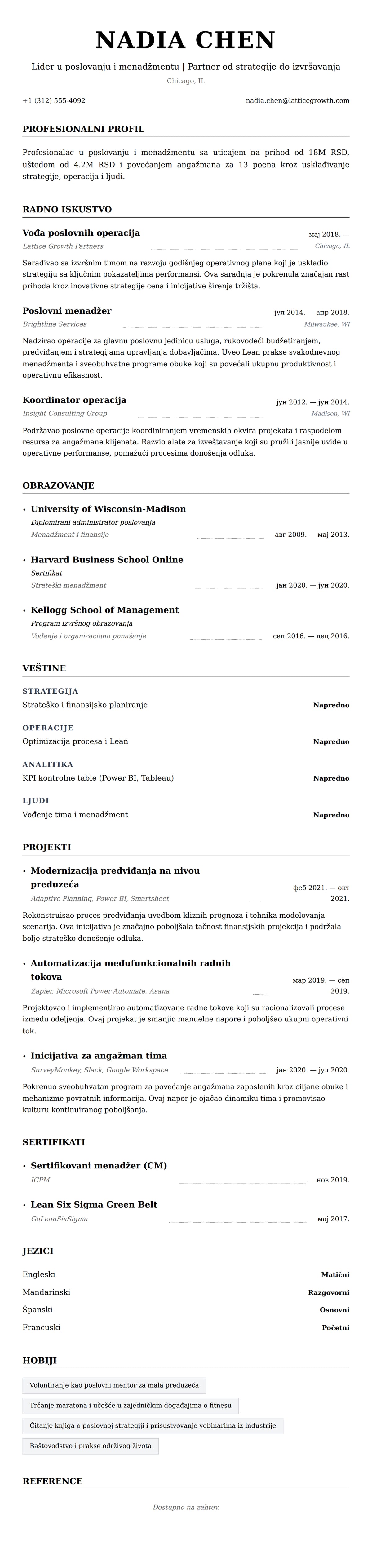 Pregled životopisa za Primer CV-a za profesionalca u poslovanju i menadžmentu