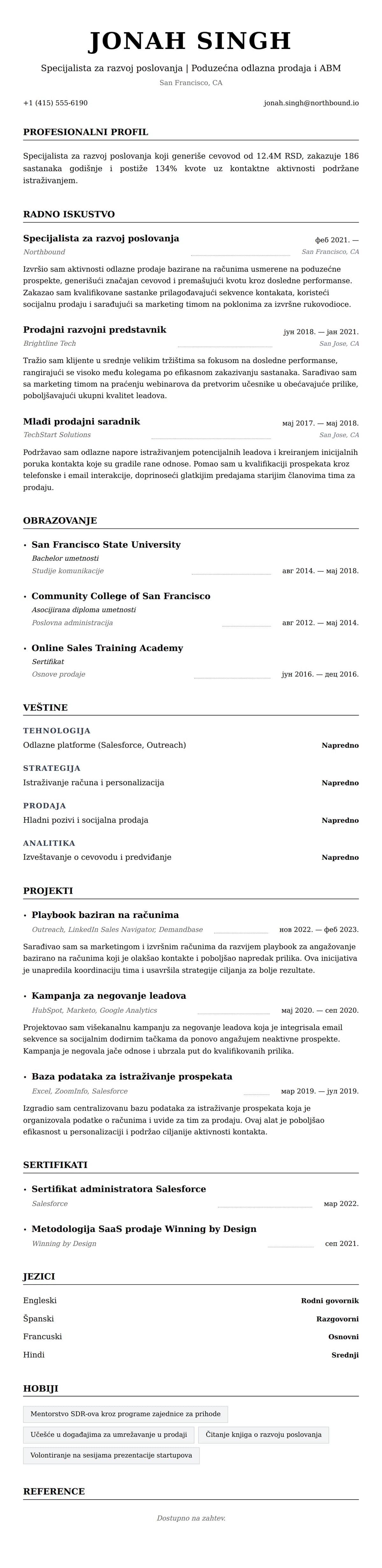 Pregled životopisa za Primer CV-a za specijalistu za razvoj poslovanja