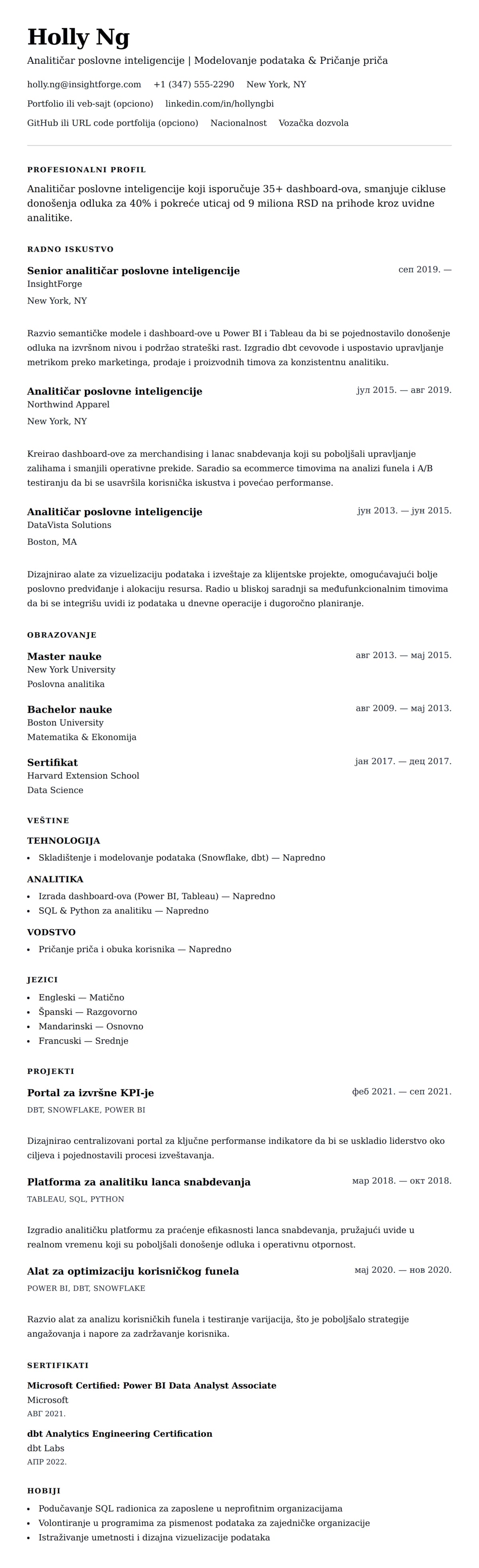Pregled životopisa za Primer CV-a za analitičara poslovne inteligencije