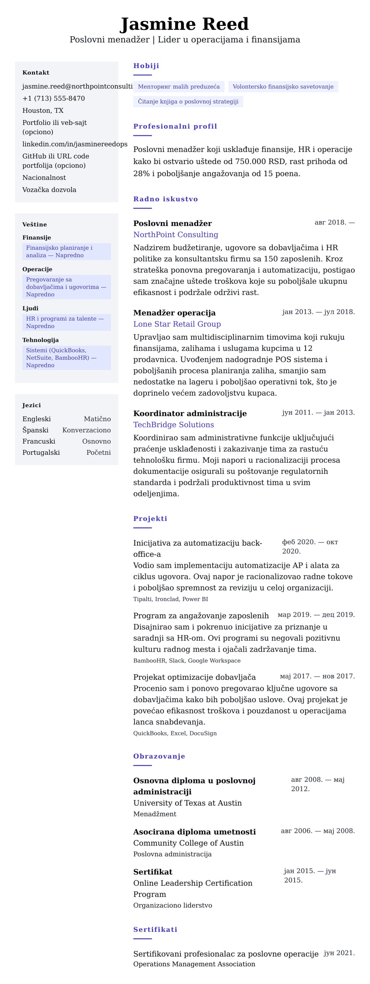 Pregled životopisa za Primer životopisa za poslovnog menadžera