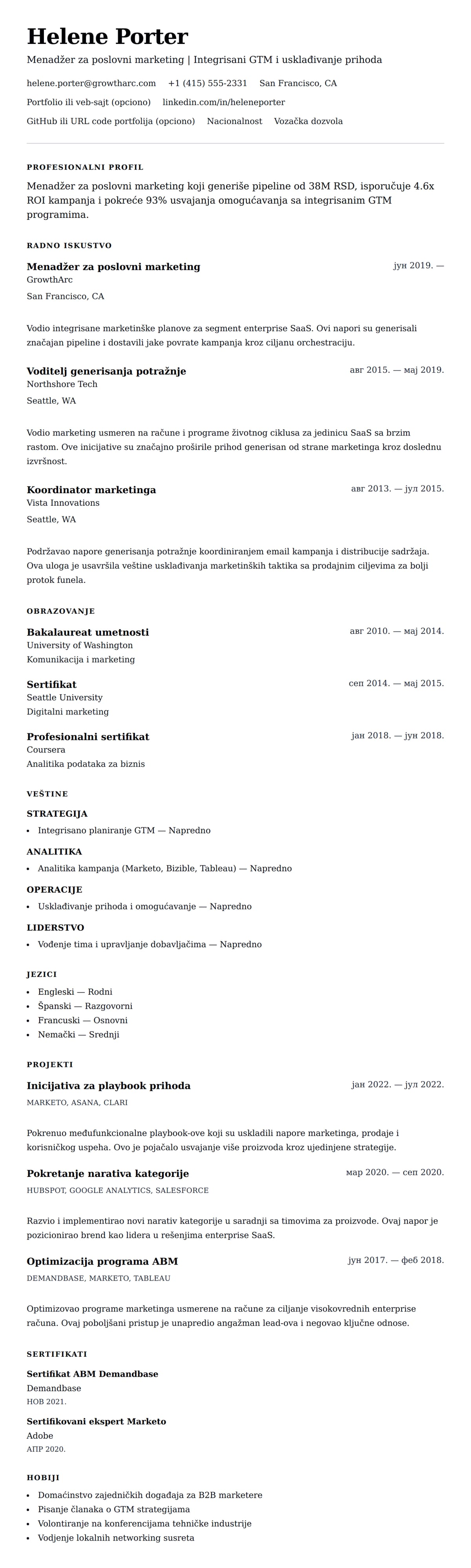 Pregled životopisa za Primer CV-a za menadžera za poslovni marketing