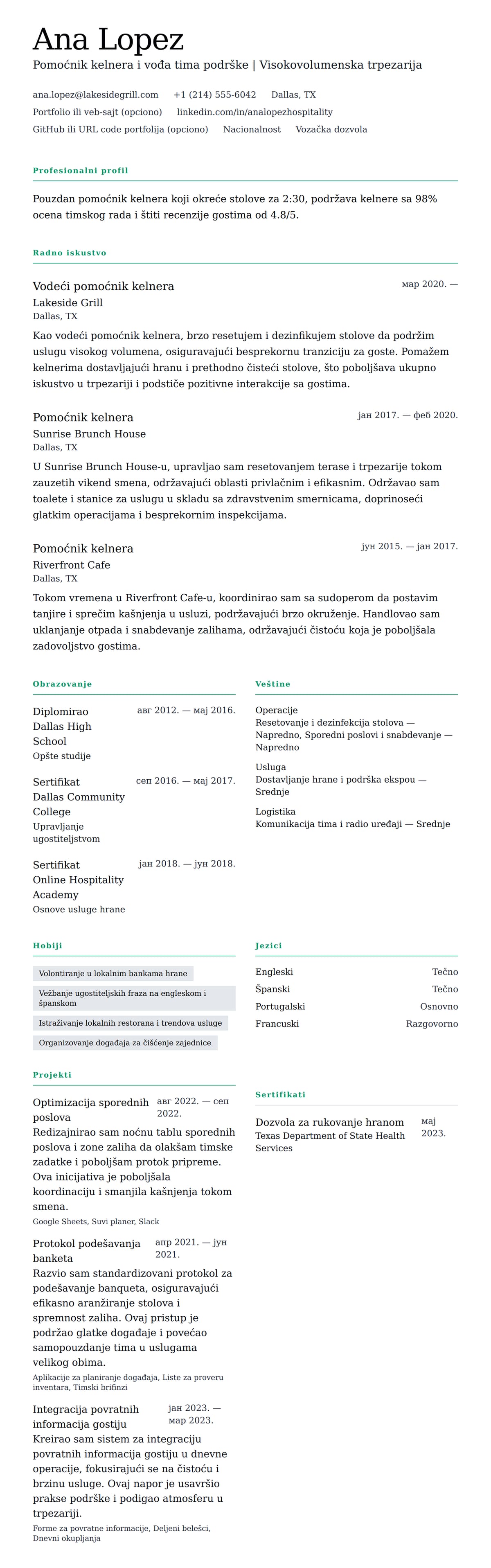 Pregled životopisa za Primer životopisa za pomoćnika kelnera