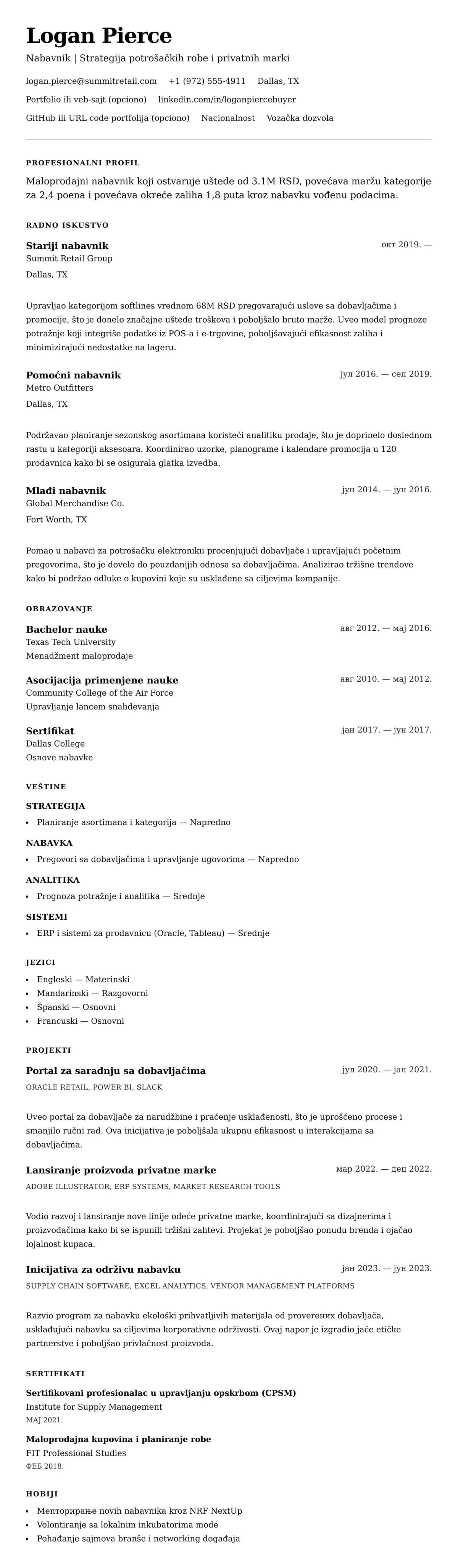 Pregled životopisa za Primer CV-a za nabavnika