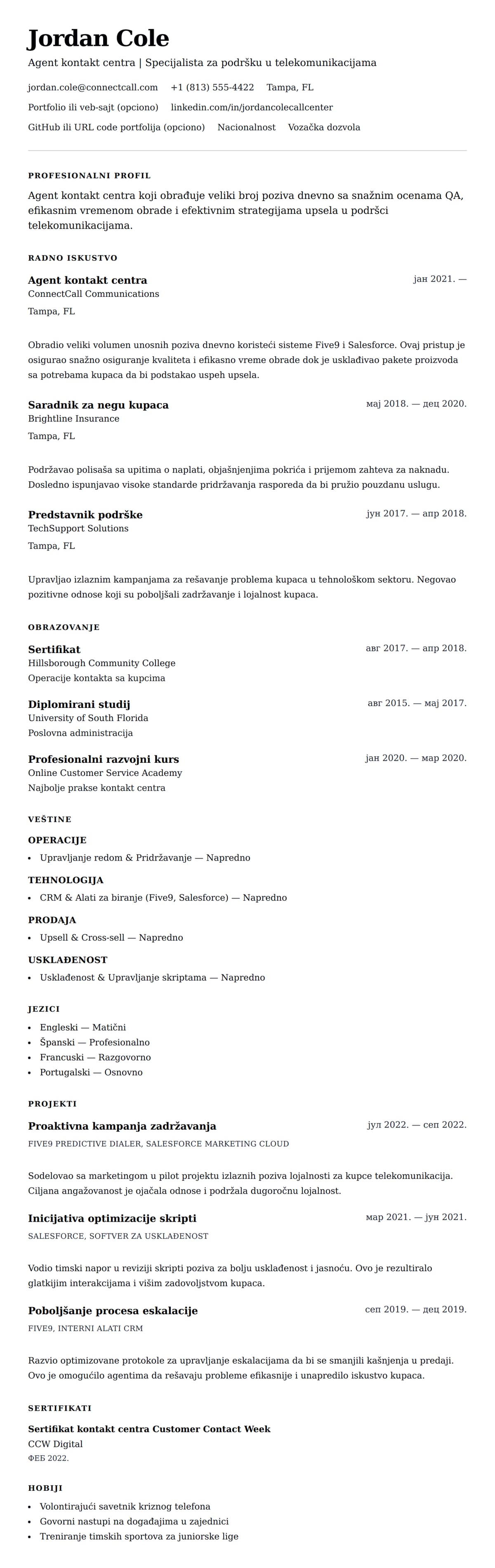 Primer životopisa za agenta kontakt centra