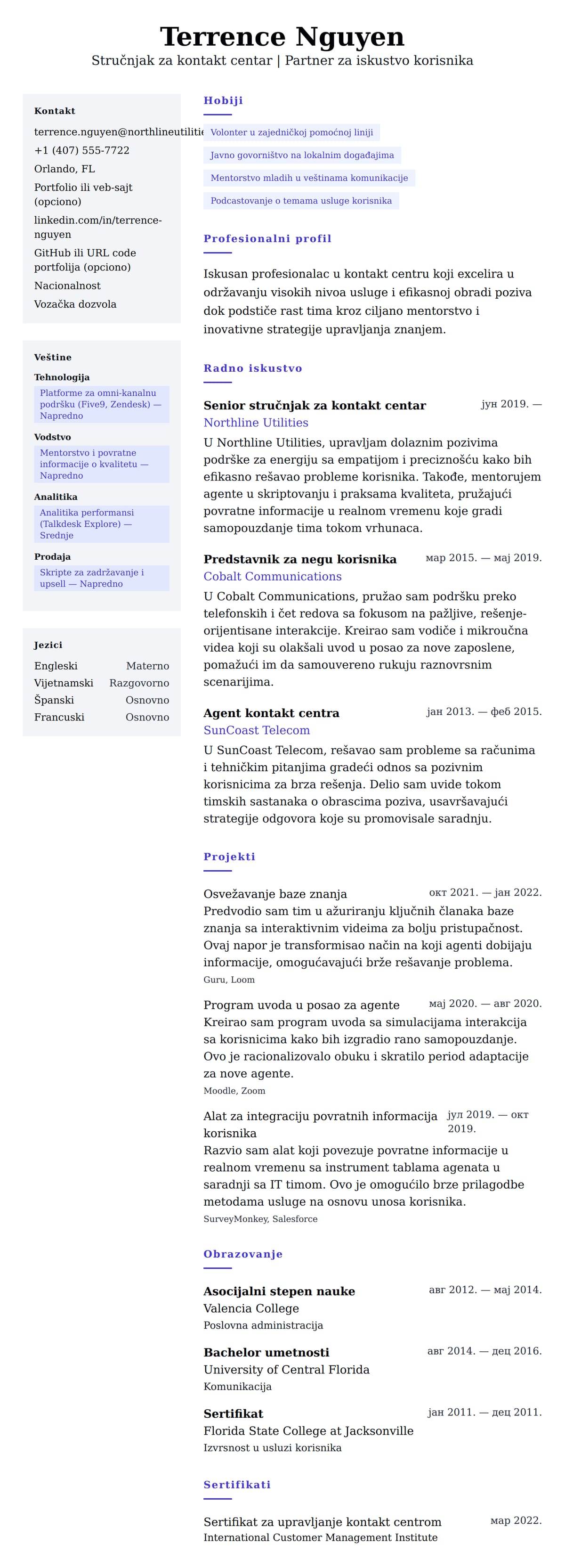 Primer CV-a za stručnjaka za kontakt centar