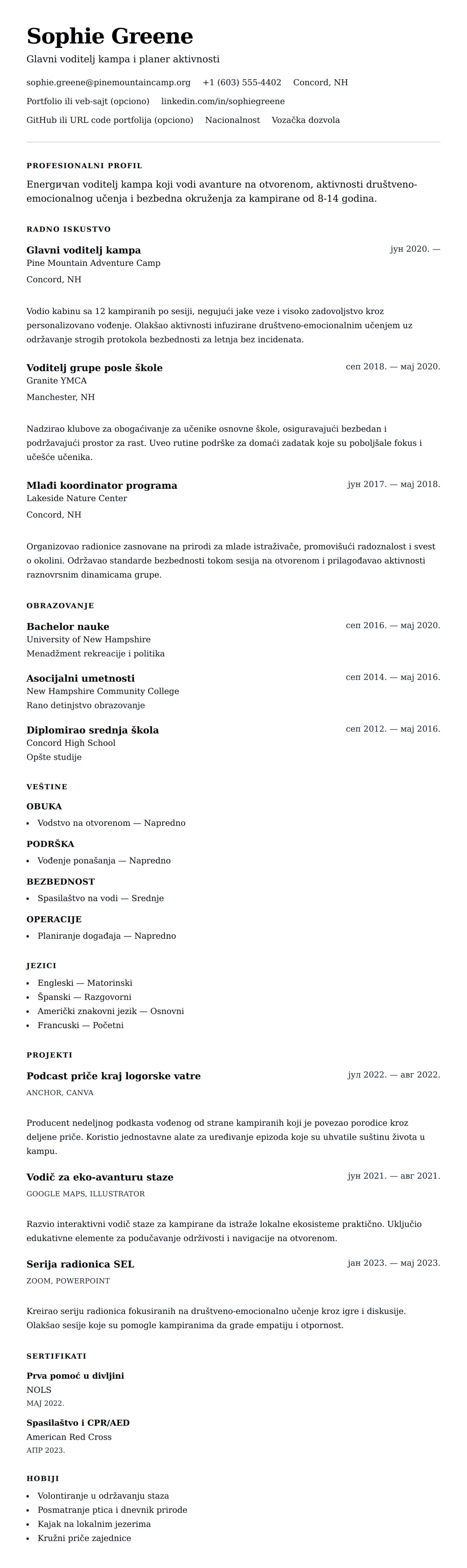 Pregled životopisa za Primer životopisa voditelja kampa
