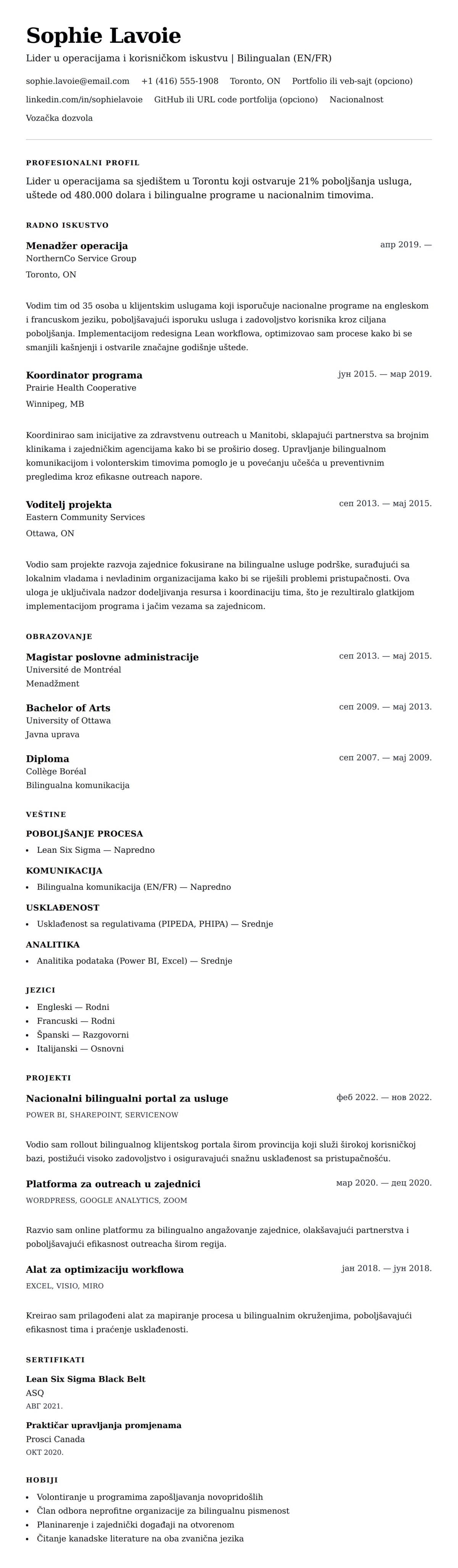 Pregled životopisa za Primer kanadskog formata životopisa