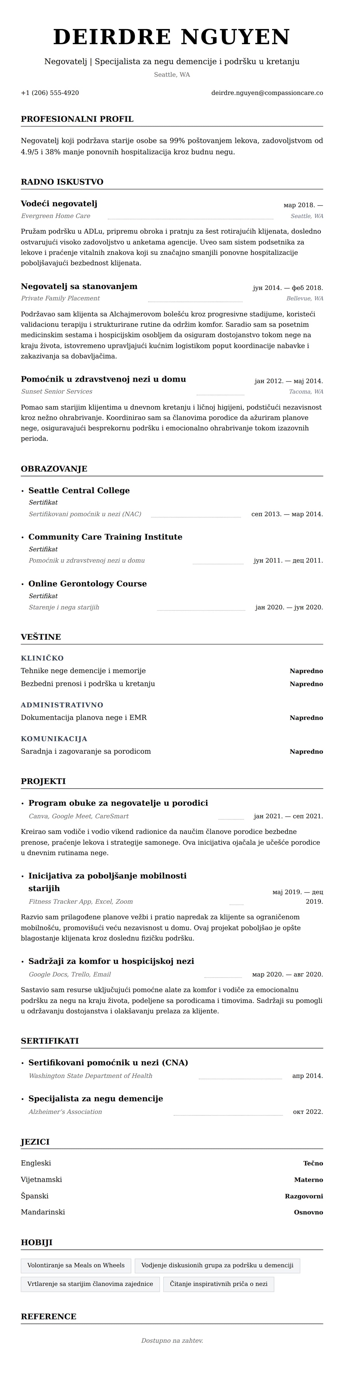 Pregled životopisa za Primer CV-a za negovatelja