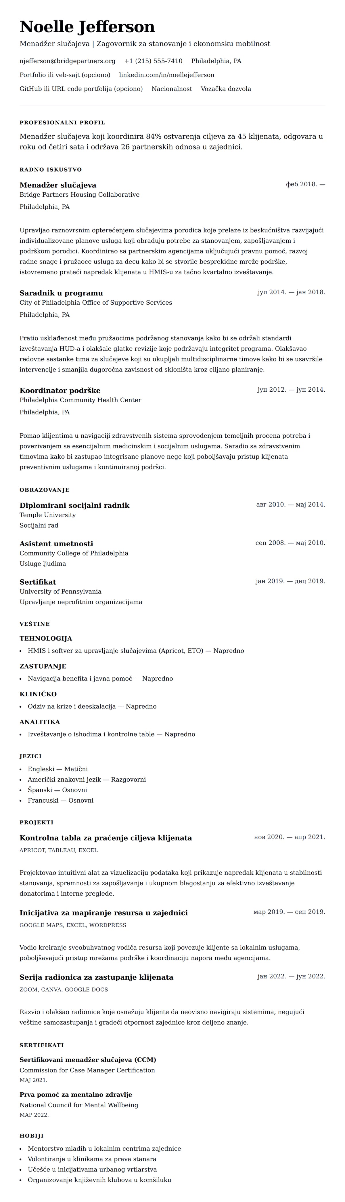 Pregled životopisa za Primer životopisa menadžera slučajeva