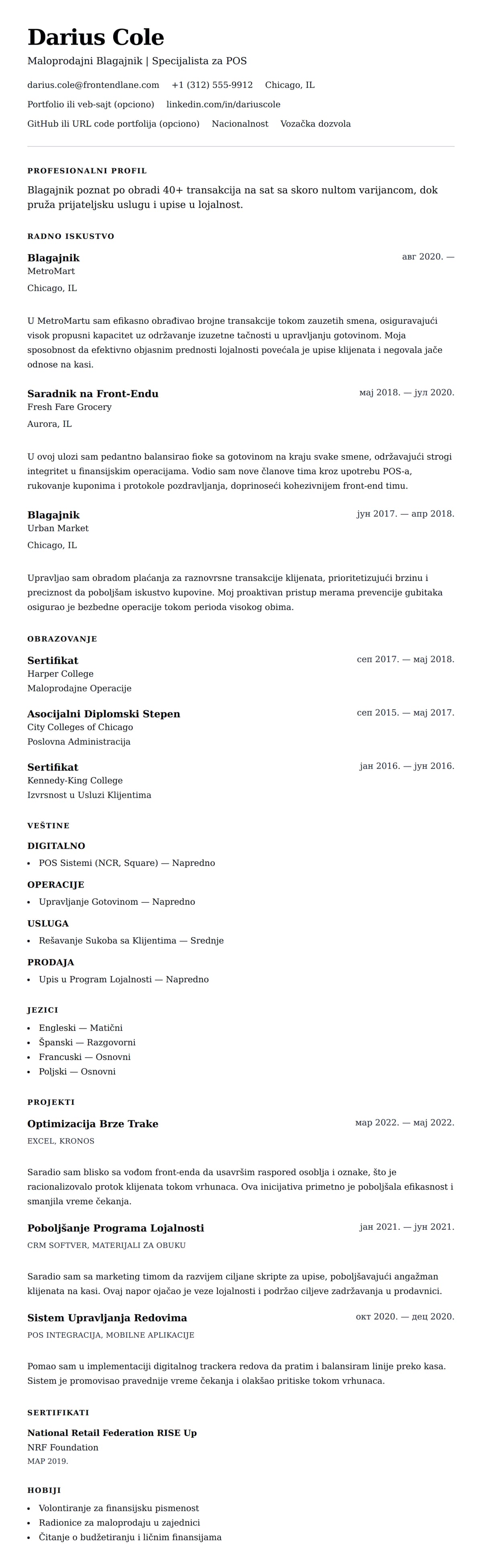 Pregled životopisa za Primer Životopisa za Blagajnika