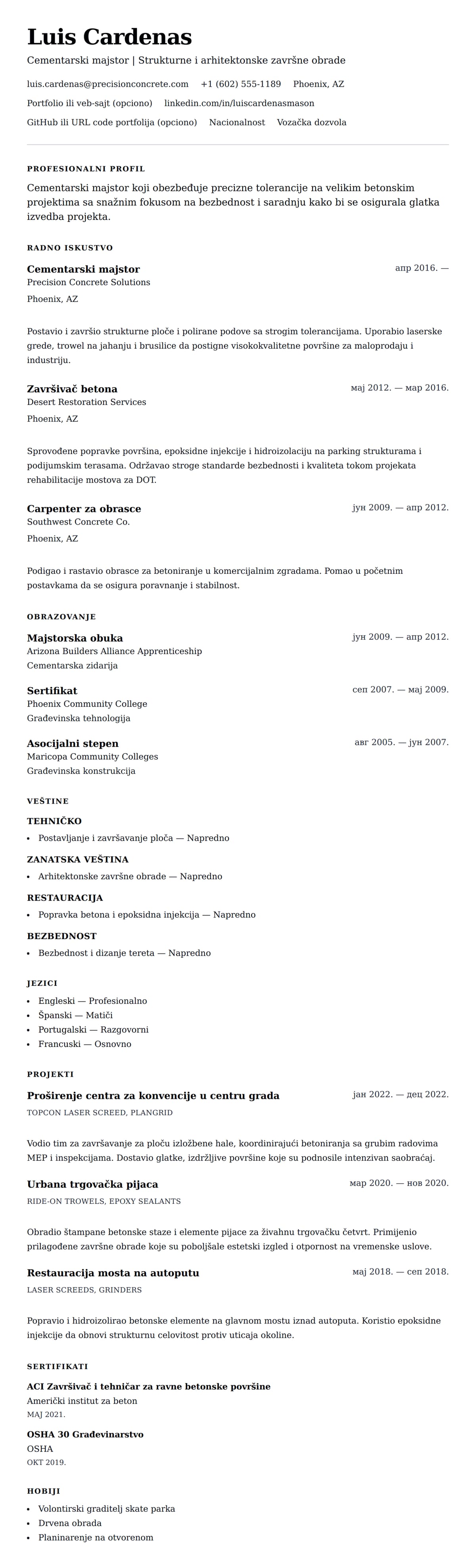 Pregled životopisa za Primer CV-a za cementarskog majstora