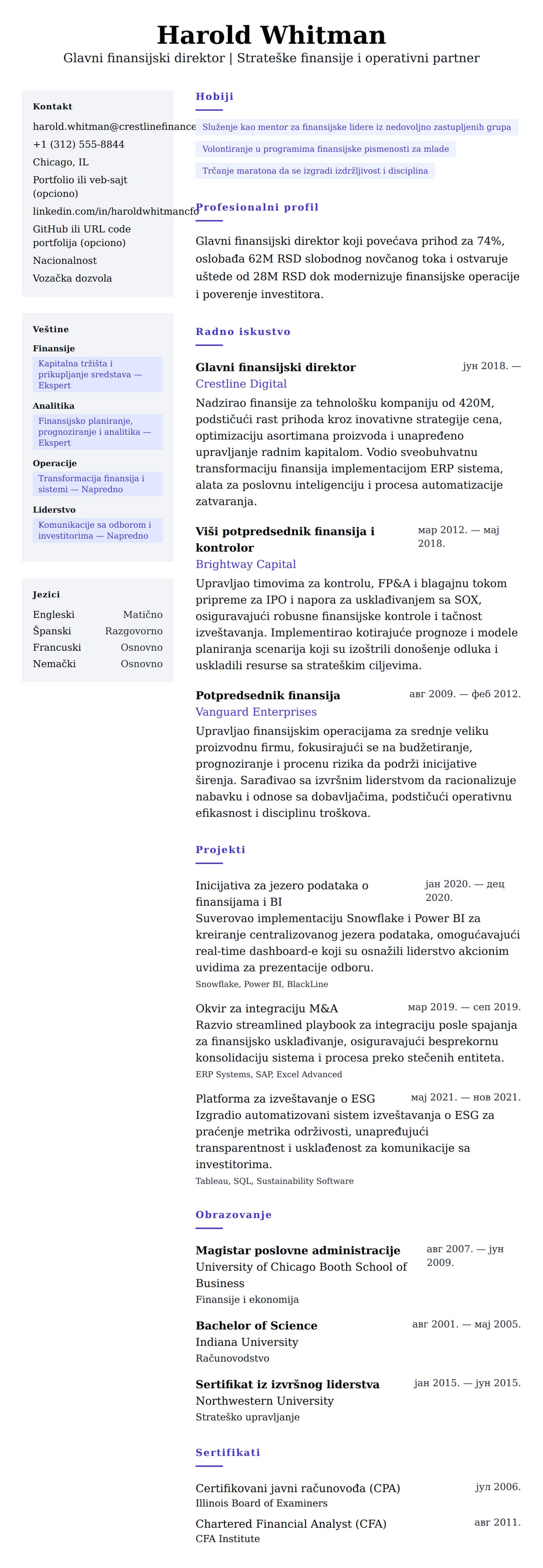 Pregled životopisa za Primer CV-a za glavnog finansijskog direktora