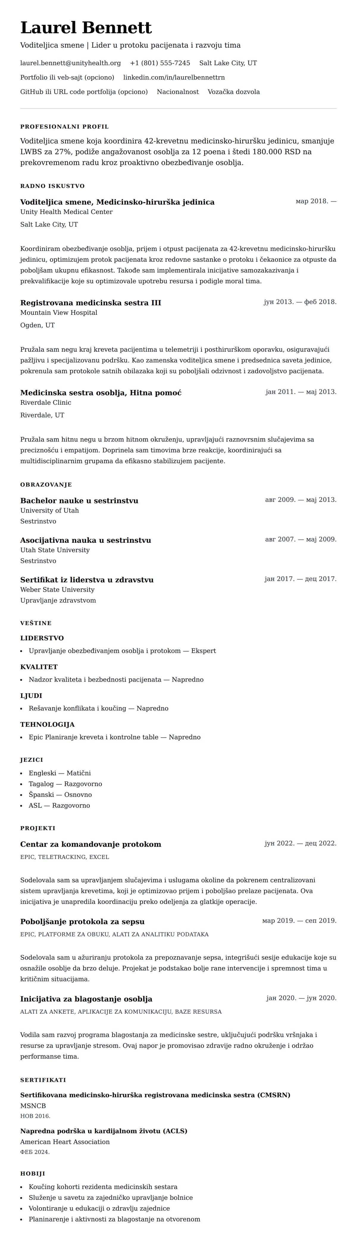 Pregled životopisa za Primer životopisa za voditeljicu smene