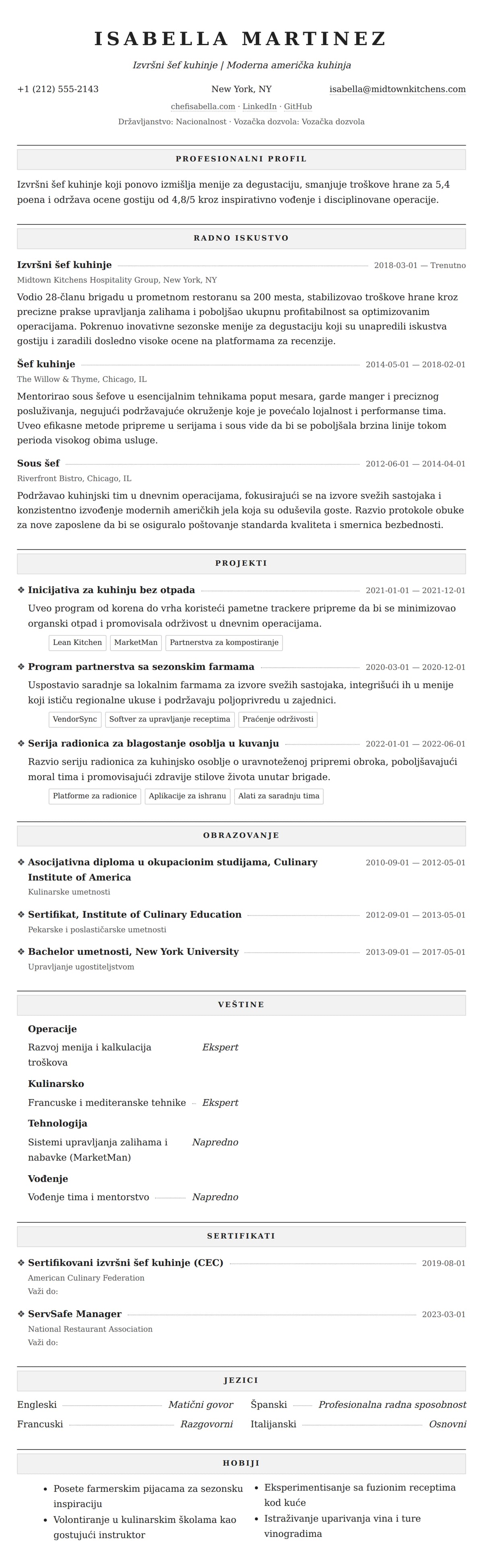Pregled životopisa za Primer CV-a za šefa kuhinje