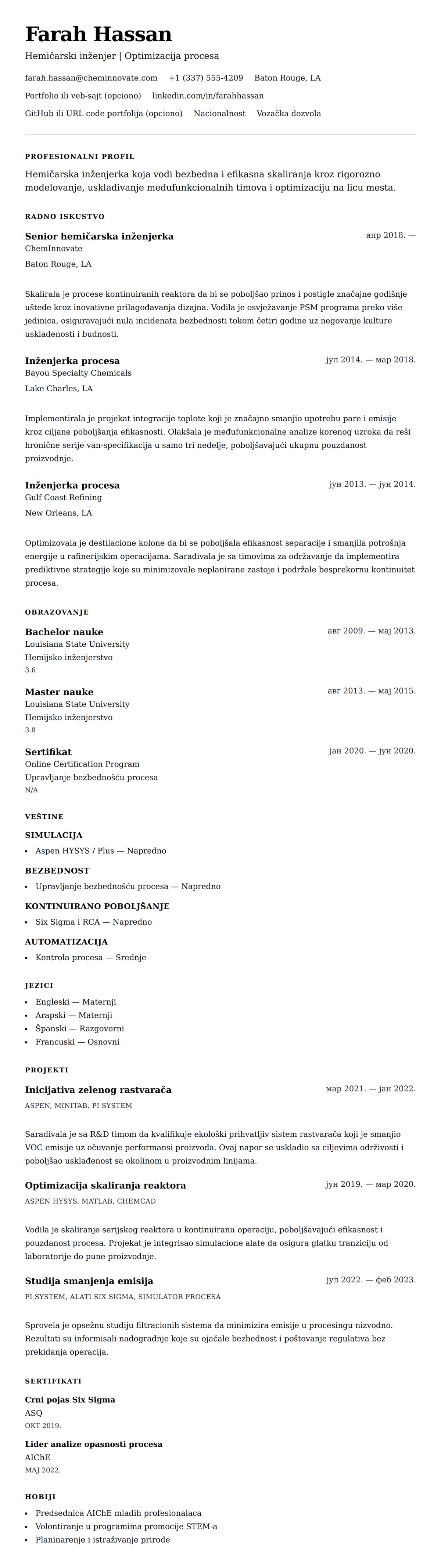 Pregled životopisa za Primer CV-a za hemičarskog inženjera