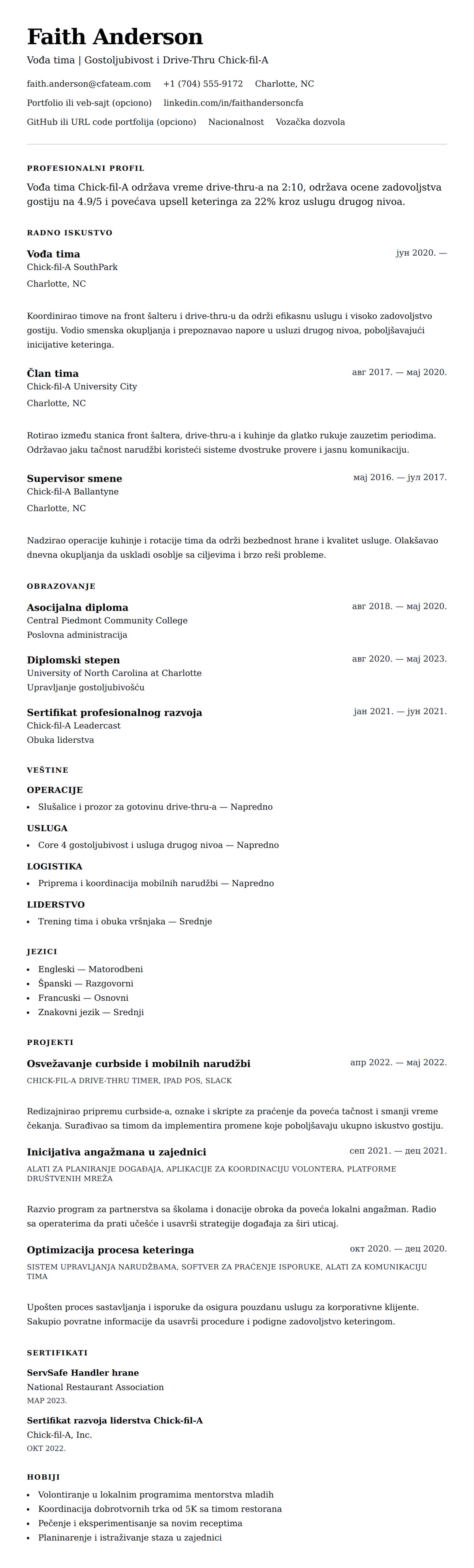 Pregled životopisa za Primer CV-a za člana tima Chick-fil-A