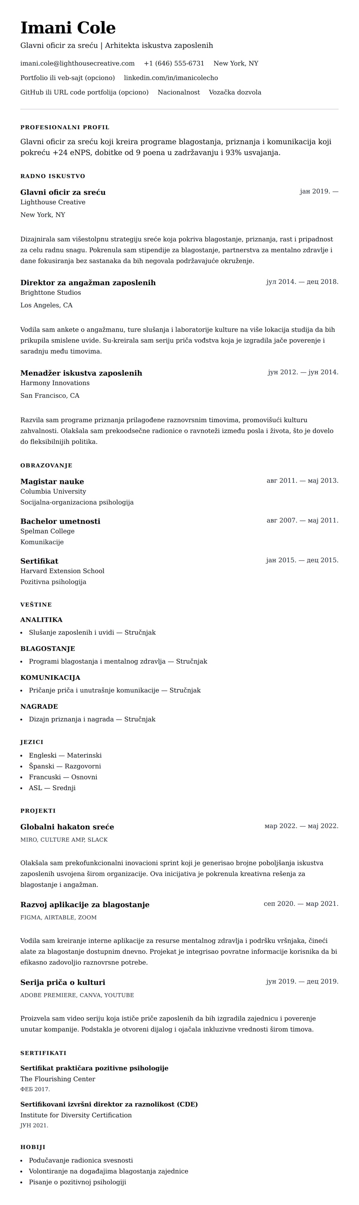 Pregled životopisa za Primer CV-a za glavnog oficira za sreću (CHO)