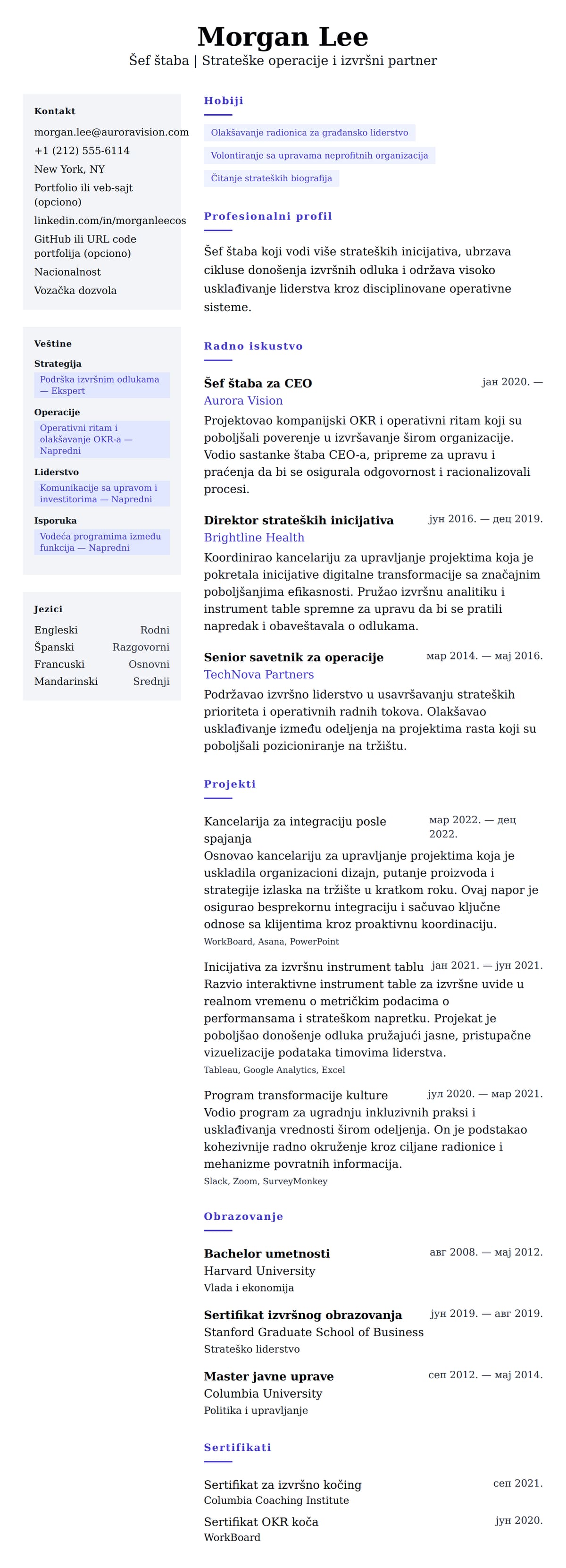 Pregled životopisa za Primer životopisa za šefa štaba